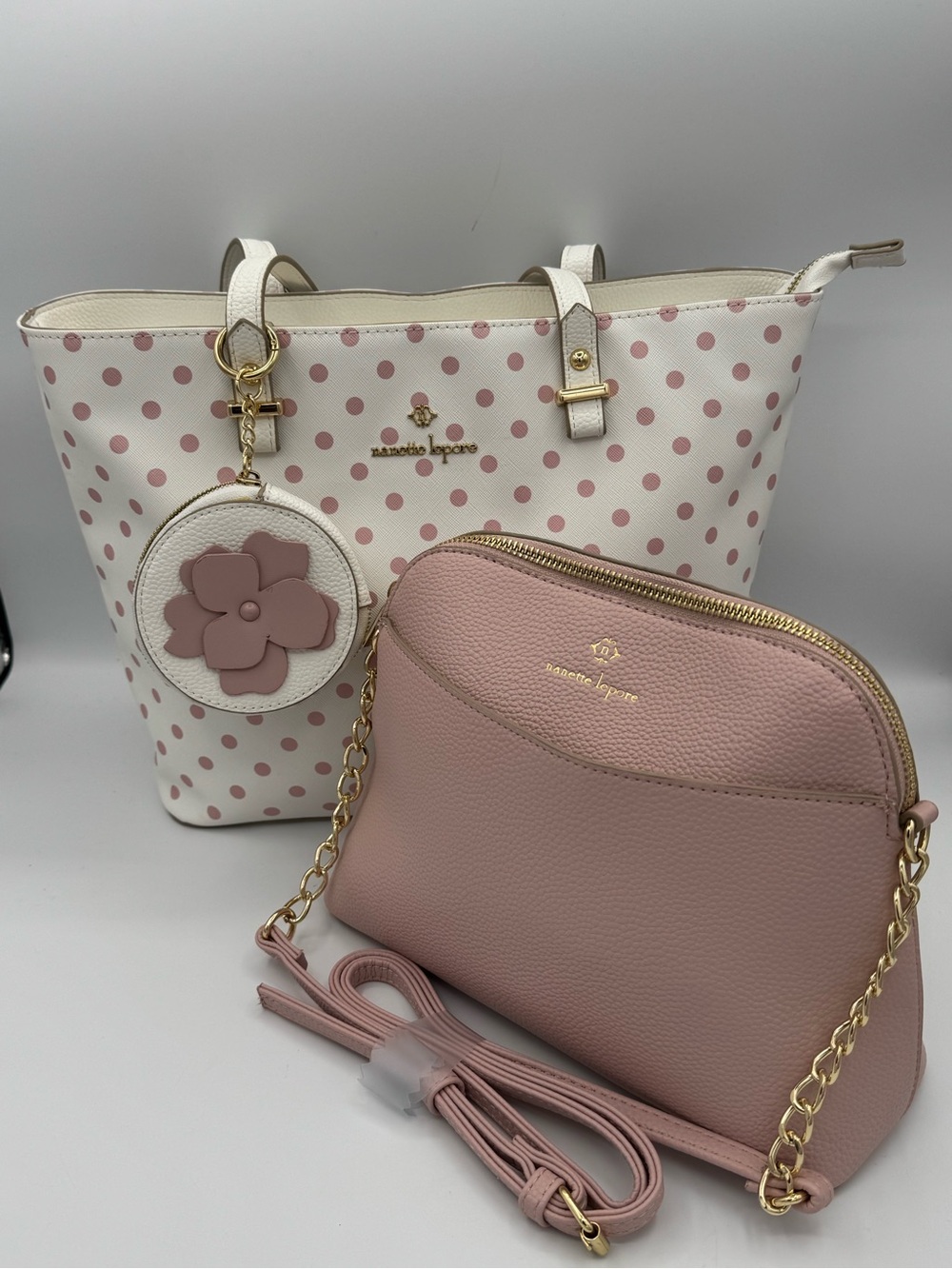 Nanette Lepore Marianna Tote Bag Set- Pink Polka Dot Shoulder Bag and Crossbody